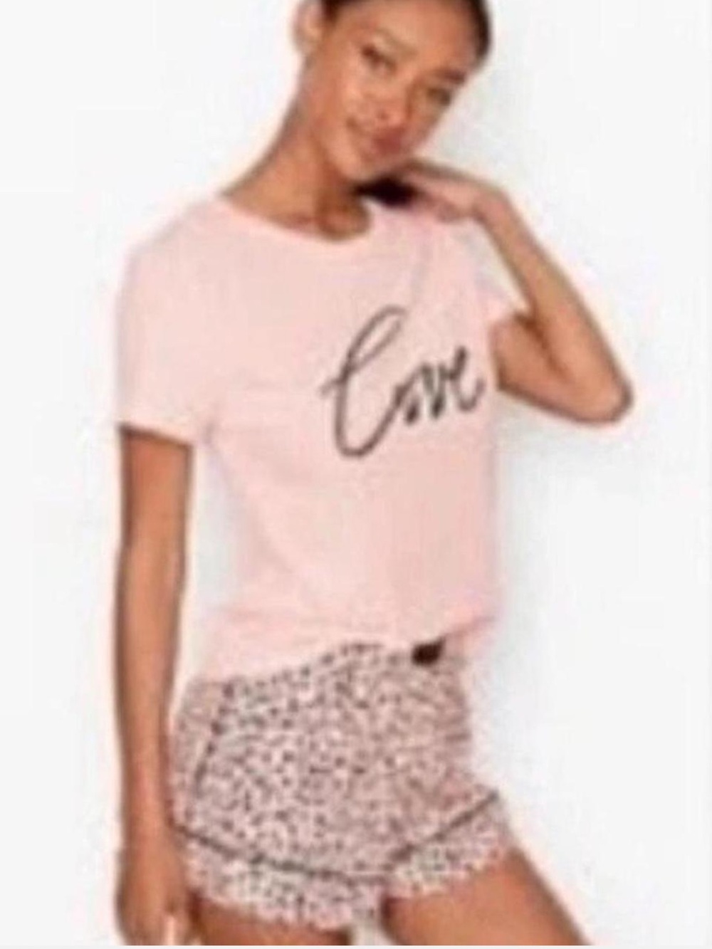 Victoria's Secret Pink W/ Black Logo Love Tee & Heart Shorts PJ Set Large